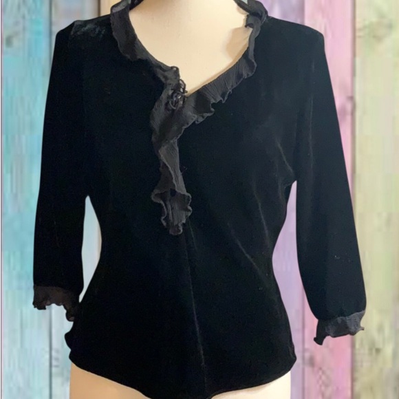 ECI Tops - ECI New York Black Velour Chiffon Ruffle Trim Top